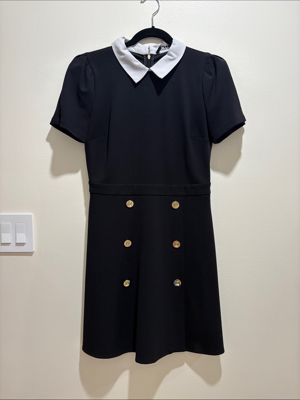 Karl Lagerfeld Black Dress with White Peter Pan Collar and Gold Buttons